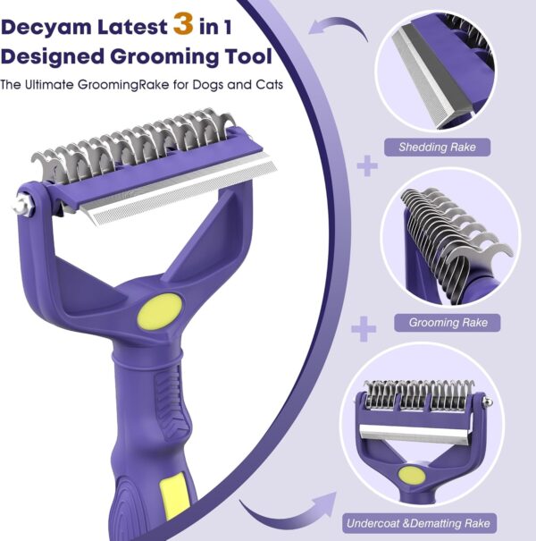 3 in 1 Upgraded Dematting Brush for Pets - Undercoat Deshedding Rake for Dogs and Cats with Thick Hair, Pet Grooming Rake - Image 3