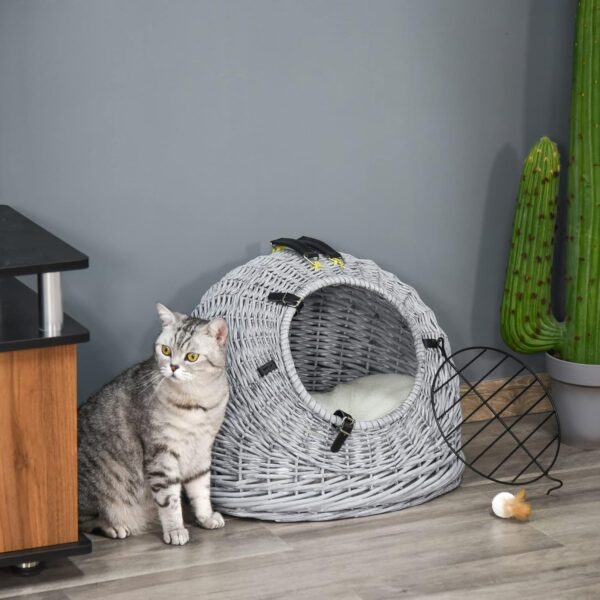 Pawhut Wicker Pet Carrier Basket Cat Kitten Bed Portable Travel Cage with Soft Cushion Handle Grey, 50 x 40 x 40 cm, 3.6 kg - Image 2