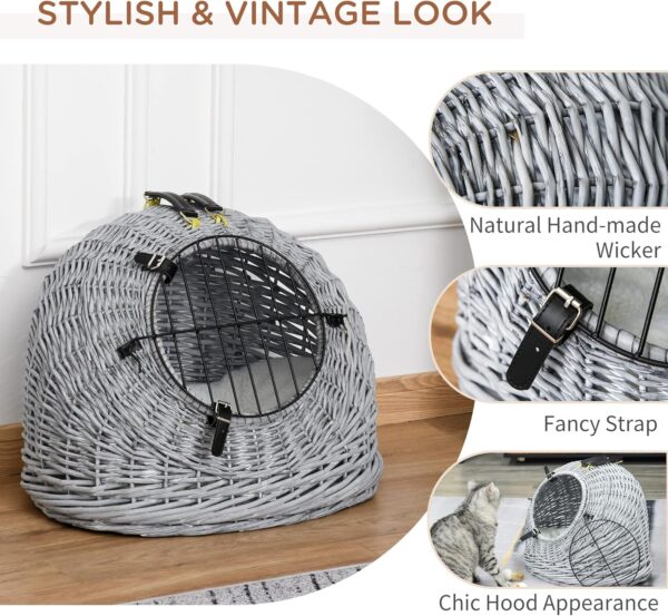 Pawhut Wicker Pet Carrier Basket Cat Kitten Bed Portable Travel Cage with Soft Cushion Handle Grey, 50 x 40 x 40 cm, 3.6 kg - Image 4