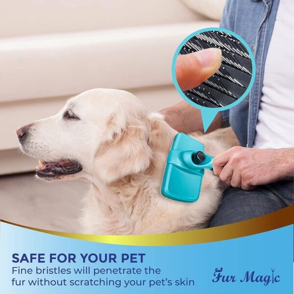 Fur Magic Self Cleaning Slicker Brush, Dog and Cat Brush for Grooming, Removes Dead Undercoat and Loose Hair, Deshedding Tool for Small, Medium and Long Haired Dogs and Cats, Turquoise - Image 3