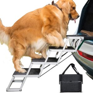 Aluminum Pet Dog Car Stairs, Lunvi Portable Dog Ramps For Large Dogs Car SUV,High Beds, Trucks, Lightweight Folding Pet Ladder Ramp, 4 Steps Supports 150 Lbs