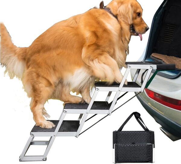 Aluminum Pet Dog Car Stairs, Lunvi Portable Dog Ramps For Large Dogs Car SUV,High Beds, Trucks, Lightweight Folding Pet Ladder Ramp, 4 Steps Supports 150 Lbs