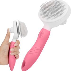 BELLE VOUS Pink Pet Grooming Slicker Brush - Self-Cleaning Shedding Comb for Long/Short-Haired Cats and Dogs - Removes Loose Undercoat, Mats & Tangles