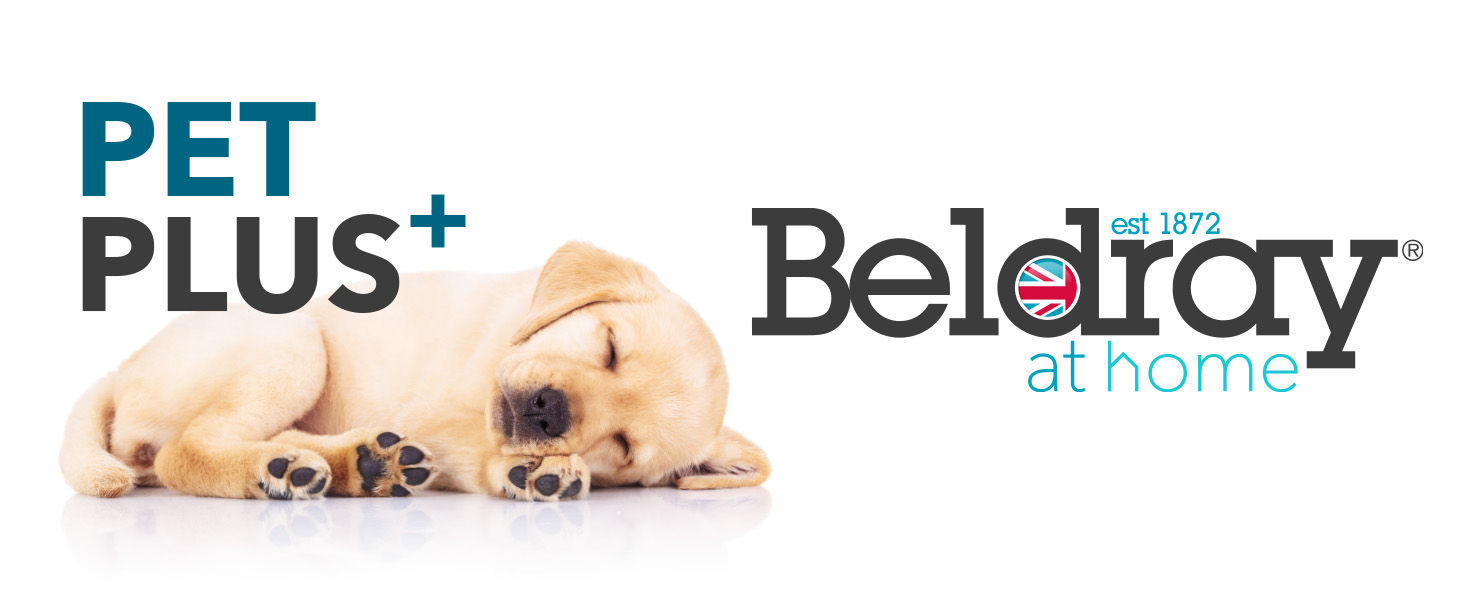 beldray pet plus range, with puppy asleep and the beldray logo