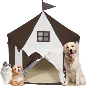 Cat Princess Tent House - Pet Dog Teepee Portable Tent, Large Cave Bed for Cats and Small Dogs Indoor Outdoor (Brown)