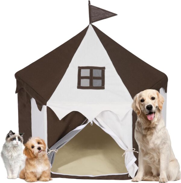 Cat Princess Tent House - Pet Dog Teepee Portable Tent, Large Cave Bed for Cats and Small Dogs Indoor Outdoor (Brown)