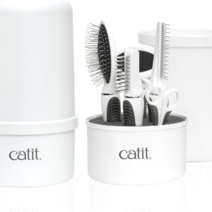 Catit Grooming Kit for Medium-Longhaired Cats. Canister includes 5 tools: Pin brush, Long dematter, metal slicker brush, grooming comb with rolling pins and curved nail clippers