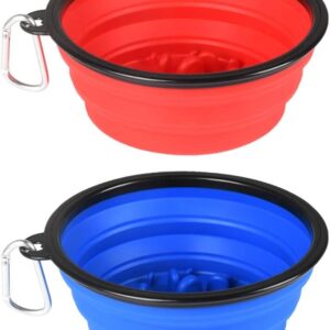 Collapsible Dog Bowls, Large Portable Travel Dog Bowls, 34oz Foldable Dogs Water Food Slow Feeder Bowl, Collapse Feeding Dish for Walking, Traveling, Hiking, Camping (2 Pack)