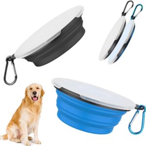 Dog Bowls, Foldable Travel Bowl, Pack of 2, Feeding Dog Bowls with Lid and Hook, Leak-Proof Dog Bowl, Portable Silicone Drinking Bowl for Cats, Dogs Hiking and Camping (Green & Blue) (M, black blue)