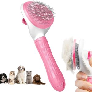 Dog Brush Cat Brush Grooming Comb,Self Cleaning Cat Dog Slicker Brushes with Smooth handle,Pet Grooming Tool with Cleaning Button for Cat Dog Shedding Tools Cat Dog Massage Clean Tangled Brush(Pink)