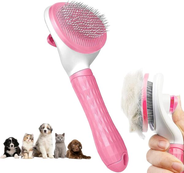 Dog Brush Cat Brush Grooming Comb,Self Cleaning Cat Dog Slicker Brushes with Smooth handle,Pet Grooming Tool with Cleaning Button for Cat Dog Shedding Tools Cat Dog Massage Clean Tangled Brush(Pink)