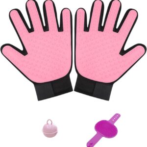 DuDu Bear Pet Grooming Gloves Dog Cat Brush for Shedding Efficient Hair Remover Indoor Dog Bathing and Cleaning Supplies Horse Grooming kit Silicone Shower Mittens - 1 Pair (Pink)