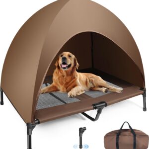 Elevated Dog Bed, Raised Outdoor Dog Bed with Canopy, Portable Pet Bed Cot with Anti-Slip Feet, Cooling Dog Tent Bed for Large Dogs Camping,Indoor & Outdoor