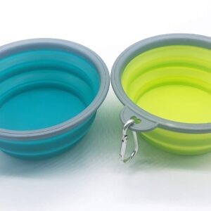 FONYA dog bowl and pet bowl collapsible travel silicone camping/hiking/walking crates with fixing clips [2 cup sets] portable collapsible dog portable (lake blue, yellow-green)