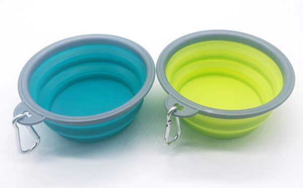 FONYA dog bowl and pet bowl collapsible travel silicone camping/hiking/walking crates with fixing clips [2 cup sets] portable collapsible dog portable (lake blue, yellow-green)