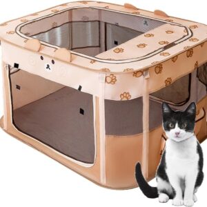 Foldable Pet Playpen Portable Kennel Cage for Puppy Dog Kitten Cat, Indoor/Outdoor Pop up Pet Tent Fence (L,Brown)