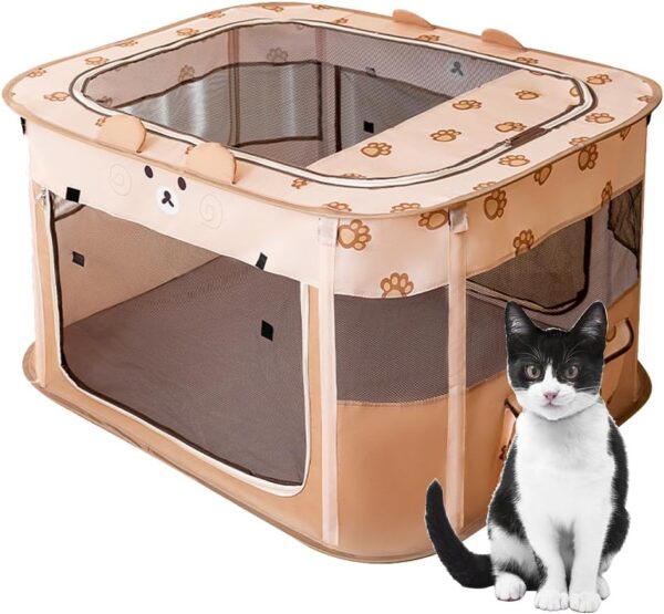 Foldable Pet Playpen Portable Kennel Cage for Puppy Dog Kitten Cat, Indoor/Outdoor Pop up Pet Tent Fence (L,Brown)