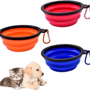 Food Bowls Dog, 3Pcs 350ml Foldable Dog Travel Bowls Collapsible Dog Water Bowls Portable Dog Food Bowl with Carabiner Pet Cat Feeding Cup Dish for Traveling Walking Hiking(Blue,Orange,Pink)