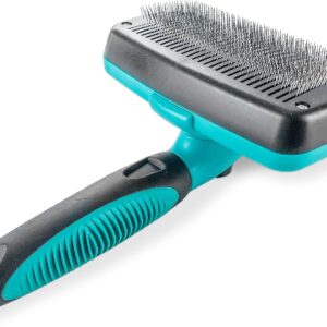 Fur Magic Self Cleaning Slicker Brush, Dog and Cat Brush for Grooming, Removes Dead Undercoat and Loose Hair, Deshedding Tool for Small, Medium and Long Haired Dogs and Cats, Turquoise