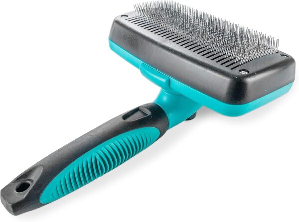 Fur Magic Self Cleaning Slicker Brush, Dog and Cat Brush for Grooming, Removes Dead Undercoat and Loose Hair, Deshedding Tool for Small, Medium and Long Haired Dogs and Cats, Turquoise