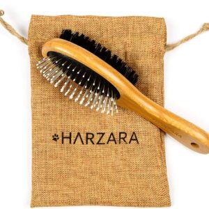 Harzara Eco-Friendly Pet Brush for Dogs & Cats. Professional, Double Sided Pin & Bristle for Short, Medium or Long Hair. Bamboo Grooming Comb Cleans Pet Shedding & Dirt Plus Smoothes Coat.