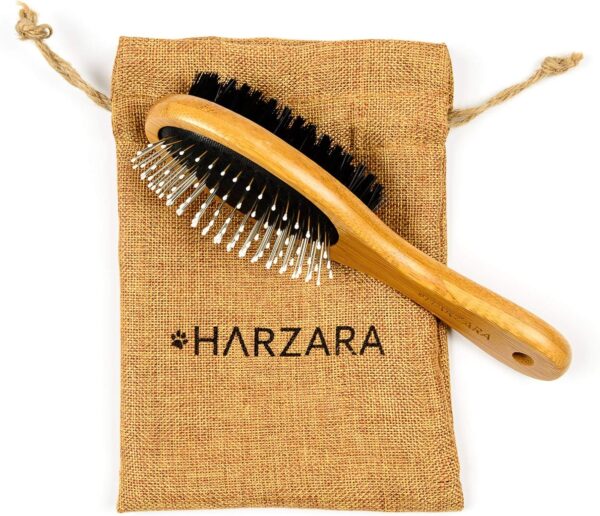 Harzara Eco-Friendly Pet Brush for Dogs & Cats. Professional, Double Sided Pin & Bristle for Short, Medium or Long Hair. Bamboo Grooming Comb Cleans Pet Shedding & Dirt Plus Smoothes Coat.