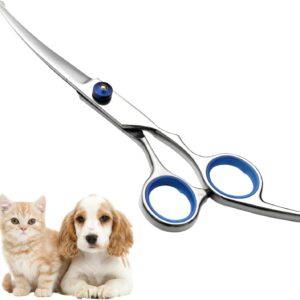 KMZ Pet Grooming Scissors 6" Dog Curved Scissors with Safety Round Tip Stainless Steel Pet Grooming Dog Cat Hair Cutting Trimming Scissors for All Dogs Grooming Family (Blue Curved Scissor)