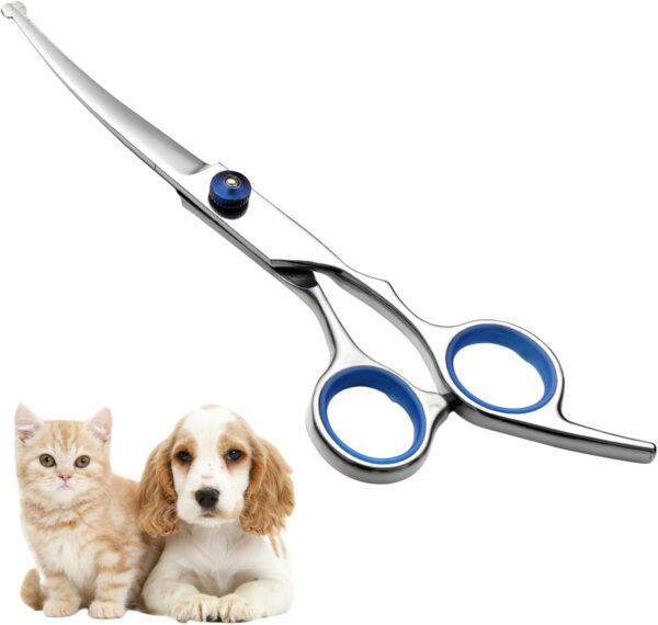 KMZ Pet Grooming Scissors 6" Dog Curved Scissors with Safety Round Tip Stainless Steel Pet Grooming Dog Cat Hair Cutting Trimming Scissors for All Dogs Grooming Family (Blue Curved Scissor)