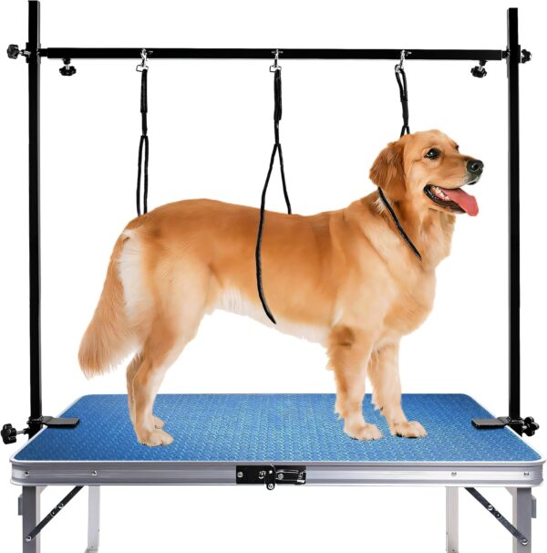 Kalolary 35.5in Dog Grooming Arm, H-Shape Pet Grooming Table Arm with Clamp Loop Noose No Sit Haunch Holder, Width & Height Adjustment Grooming Arm for Large Medium Small Dogs