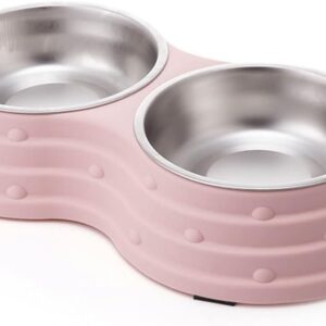 KuTi Kai Double Dog Bowls for Food and Water,Premium Removable Stainless Steel Double Bowls with Non-Slip Bottom Non-Spill Dog Food Bowls for Pet and Small Dogs Cats etc (Small, Pink)