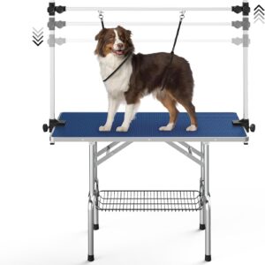 Lyromix Dog Grooming Table, Adjustable Large Pet Drying Desktop, Foldable Bathing Desk with Arms, Noose, Mesh Tray, Maximum Capacity Up to 330Lb, Stainless Steel, Blue, 42inch