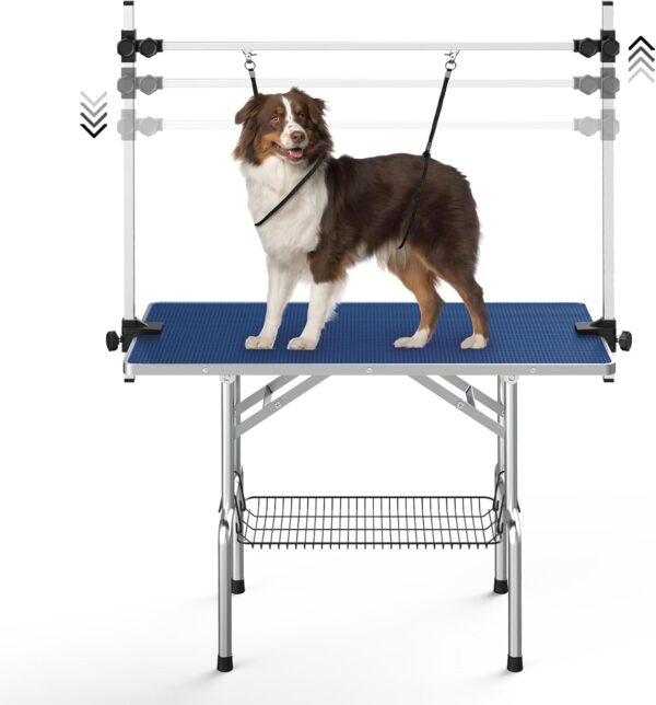 Lyromix Dog Grooming Table, Adjustable Large Pet Drying Desktop, Foldable Bathing Desk with Arms, Noose, Mesh Tray, Maximum Capacity Up to 330Lb, Stainless Steel, Blue, 42inch