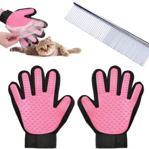 MUEEAD 1 Pair of Pink Pet Hair Removal Gloves with 1 Stainless Steel Comb, Pet Hair Removal Gloves, Pet Massage Hair Removal Gloves, Suitable for Kittens and Dogs