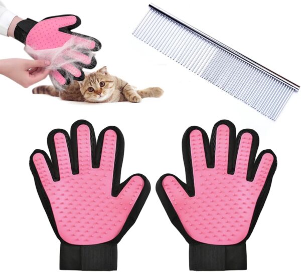 MUEEAD 1 Pair of Pink Pet Hair Removal Gloves with 1 Stainless Steel Comb, Pet Hair Removal Gloves, Pet Massage Hair Removal Gloves, Suitable for Kittens and Dogs