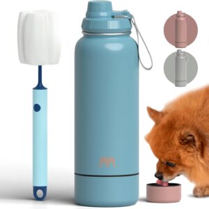 Miracle Pets Portable Dog Water Bottle with Bowl Attached 32oz Insulated Stainless Steel Water Bottles for Sports Hiking Easy Handle Dog Travel Accesories Portable Dog Bowl (Maya Blue) Cleaning Brush