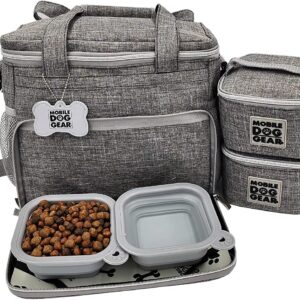 Mobile Dog Gear, Week Away Dog Travel Bag for Small Dogs, Includes 2 Lined Food Carriers and 2 Collapsible Dog Bowls, Meets Airline Requirements, Heathered Gray