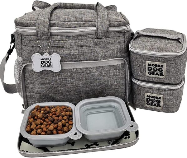 Mobile Dog Gear, Week Away Dog Travel Bag for Small Dogs, Includes 2 Lined Food Carriers and 2 Collapsible Dog Bowls, Meets Airline Requirements, Heathered Gray