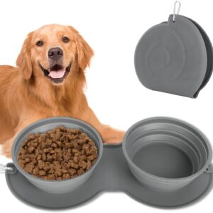 Niuoppy Collapsible Dog Bowl,2 In 1 Travel Dog Bowl Foldable, Silicone Pet Dog Bowl, Expandable Travel Bowl for Dogs and Cats, Suitable for Walking, Traveling, Hiking (Grey)