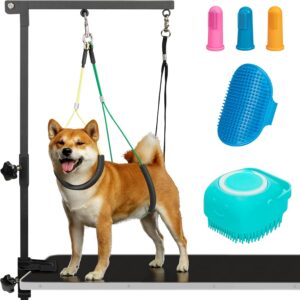 OPKING Dog Grooming Arm with 5pcs Pet Bath Brush - 35" Pet Grooming Table Arm with Adjustable No Sit Haunch Holders, Dog Grooming Stand with Loop Noose - Ideal for Small & Medium Dogs