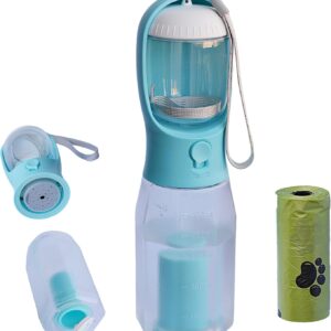 PANJAL Portable Dog Water Bottle 600ml, 4 in1 Multi Function Leak Proof BPA-Free Poo Bag Dispenser Snack Compartment Carbon Filter - Outdoor Walking Hiking Travel - Turquoise Blue