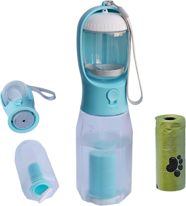 PANJAL Portable Dog Water Bottle 600ml, 4 in1 Multi Function Leak Proof BPA-Free Poo Bag Dispenser Snack Compartment Carbon Filter - Outdoor Walking Hiking Travel - Turquoise Blue