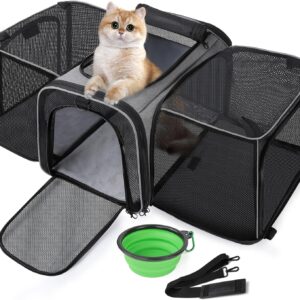 Pecute Cat Carrier Expandable, Extra Large Pet Carrier Bag, Foldable Cat Carrier bag with Breathable Mesh, Pet Carrier Transport Bag for Dogs and Cats, with Shoulder Strap and Pet Bowl