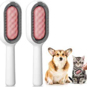 Pet Hair Brush, 2PCS Dog Brush Cats Brush Grooming Comb, Self Cleaning Cat Dog Slicker Brushes Pet Grooming Tool Gently Removes Loose Undercoat for Pet Massage (Long+Short) (Pink)