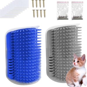 Pinsheng Cat Self Groomer, 2 Pack Wall Corner Massage Comb with Catnip Pouch, Grooming Comb Brush Massage Tool for Cats with Long and Short Fur(Blue&Gray)