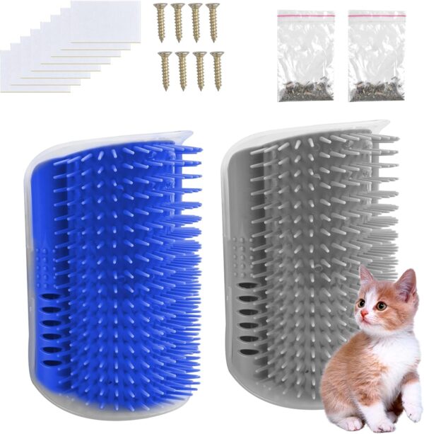 Pinsheng Cat Self Groomer, 2 Pack Wall Corner Massage Comb with Catnip Pouch, Grooming Comb Brush Massage Tool for Cats with Long and Short Fur(Blue&Gray)