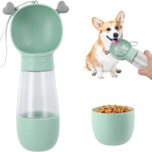 Portable Dog Water Bottle, 550ml Leakproof Pet Drinking Dispenser with 200ml Food Container, Dog Travel Water Food Bottle, Dog Walking Travel Bottle, Travel Water Bottle with Dispenser Drinking Bowl