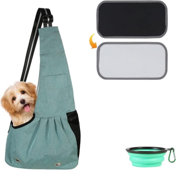 SLSON Pet Sling Carrier Hands-free Sling Pet Dog Cat Carrier Bag with Adjustable Shoulder for Cat and Small Dog Outdoor and Travelling, comes with Collapsible Dog Bowl, Small Size, Green