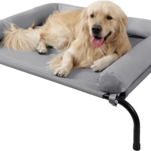 TJSOULER Cooling Elevated Dog Bed with Bolster,Portable Washable Raised Dog Cot with Chew Proof Mesh and Metal Frame,No-Slip Rubber Feet for Indoor & Outdoor Use(Grey,XL)