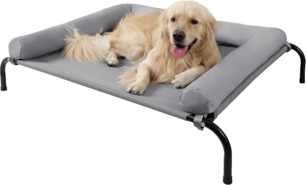 TJSOULER Cooling Elevated Dog Bed with Bolster,Portable Washable Raised Dog Cot with Chew Proof Mesh and Metal Frame,No-Slip Rubber Feet for Indoor & Outdoor Use(Grey,XL)