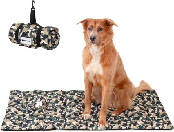 Travel Dog Bed - Outdoor Dog Beds for Camping - Portable with Clip-On Carrying Strap Provides Comfort for Dogs When Traveling - Camo Print 43” x 26”